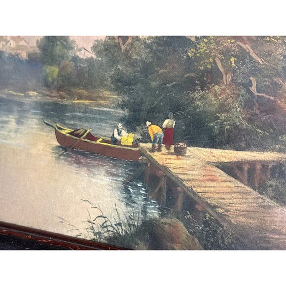 Vintage 1907 Taber Prang Art Chromolithograph Print Lake Dock Scene 15"x10" - Picture 3 of 9